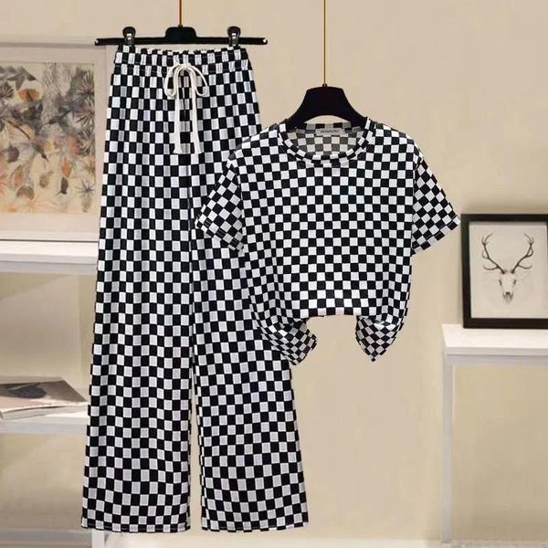 Hosen Plaid Casual Hosen Anzug Damen Sommer neue Mode Retro Rundhals Eis Seide T-Shirt hohe Taille breite Beinhosen zweiteiliges Set