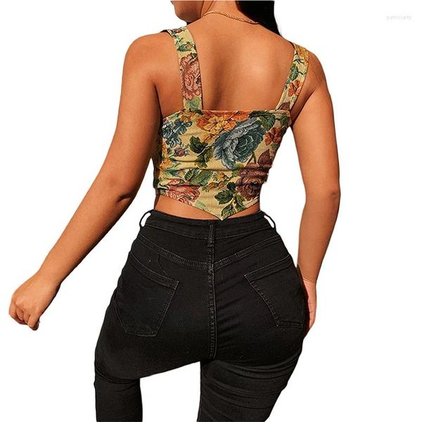 Damen Tanks Frauen Sexy Cross Bandage Crop Top U-Ausschnitt Riemchen Tank Tops Kausal Vintage Blumen Druck Träger Bustier Korsetts