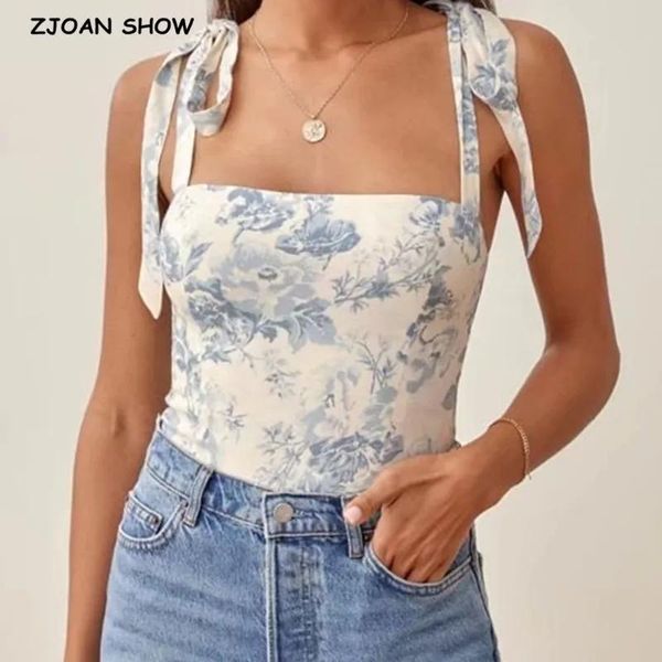 T-Shirt 2021 Anpassen Bogen Strap Blau Weiß Floral Print Camis Frauen Sommer Geraffte Kurze Tank Tops Retro Cool Girl Sexy schlanke Crop Top Tees