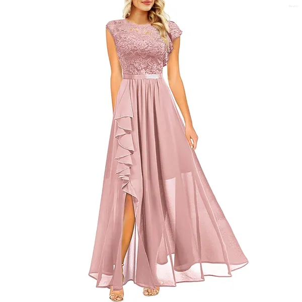 Vestidos casuais elegante laço chiffon casamento para mulheres sem mangas formal festa de noite vestido longo babados alta fenda vestidos de fiesta