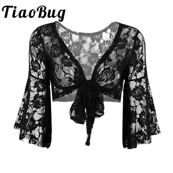 Jacken elegante Frauen schwarze weiße Spitze Ladies Hochzeitsfeier Langes Flare Ärmel Achselzucken verkürzte Jacke zu Achselzucken für den Abend formelle Prom Bolero