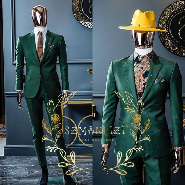 Модные облегающие мужские костюмы для мужчин, темно-зеленый свадебный смокинг жениха, мужской костюм для курения, куртка, брюки 240122