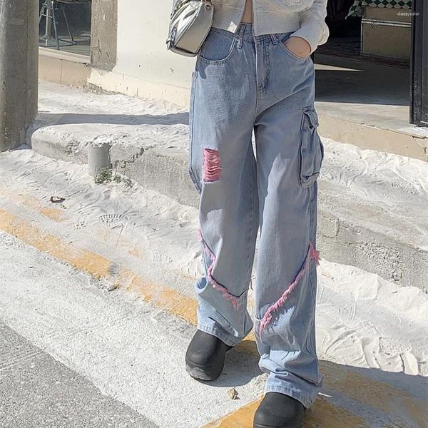 Jeans femminile stravaganti pantaloni da gamba larga larga y2k lavati look hip hop streetwear femminile pantaloni in denim femminile