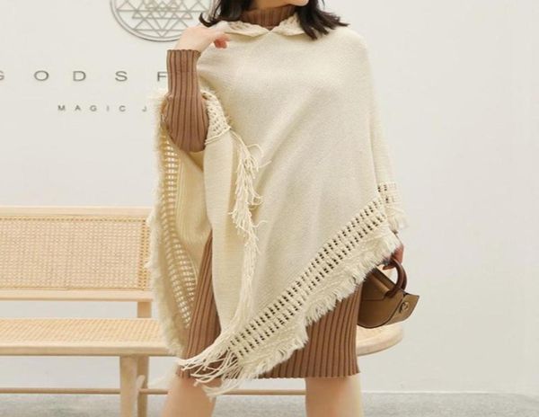 Frühling Herbst Mantel Frauen Stricken Solide Capes Schal Kaschmir Quaste Mit Kapuze Mantel Schwarz Khaki Weiß Rot Grau Ponchos Und Mujer schals2221668