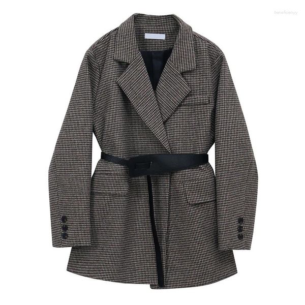 Jaquetas femininas 2024 vintage xadrez de lã casaco blazer casaco senhoras do escritório solto moda coreano feminino fino terno jaqueta lapela faixas