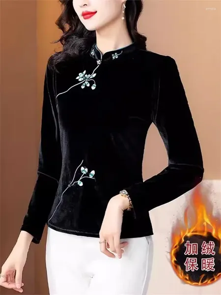 Женские блузки, осенне-зимняя золотая бархатная рубашка с утолщенным низом на 2024 год, верхняя блузка в китайском стиле в стиле ретро для женщин Z4430