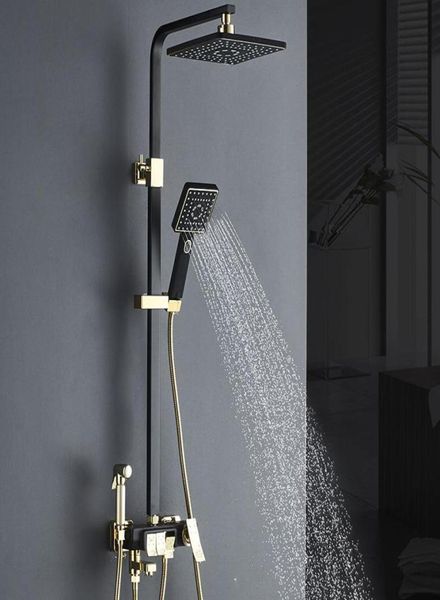 Preto fosco ouro torneira do banheiro chuveiro de chuva torneira do banho fixado na parede banheira chuveiro misturador conjunto mixer1592324