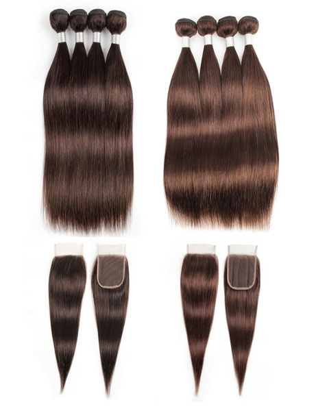 Индийские прямые пучки человеческих волос с застежкой 2 4 Шоколадно-коричневые 3 или 4 пучка с кружевной застежкой Наращивание человеческих волос Remy6862555