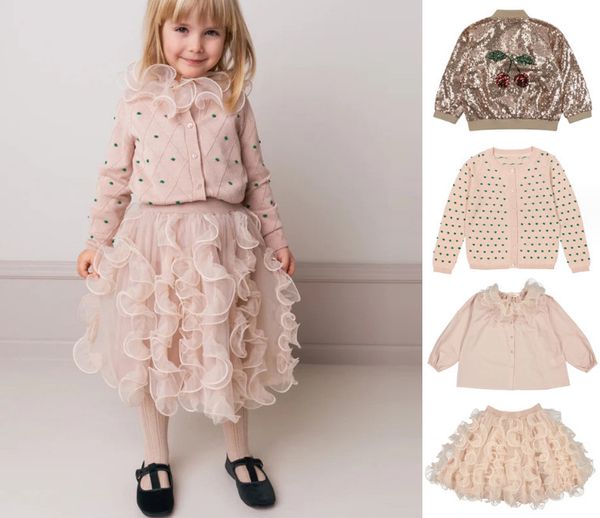 2024 Primavera Ragazze pizzo tulle tutù gonna bambini ciliegia paillettes giacca a maniche lunghe bambini a strati gazue falbala risvolto camicia a maniche lunghe Z6451