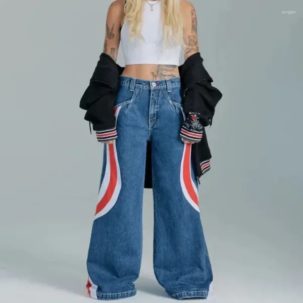 Jeans da donna DEEPTOWN Y2k Baggy Donna Uomo American Retro Streetwear Vita alta Stampa con motivo a contrasto Pantaloni a gamba larga Pantaloni Hiphop