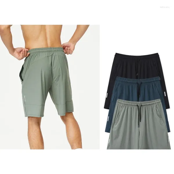 Calças ativas de nylon, shorts esportivos de secagem rápida, tira reflexiva masculina, treinamento de corrida em branco, seda gelada, respirável, cinco minutos