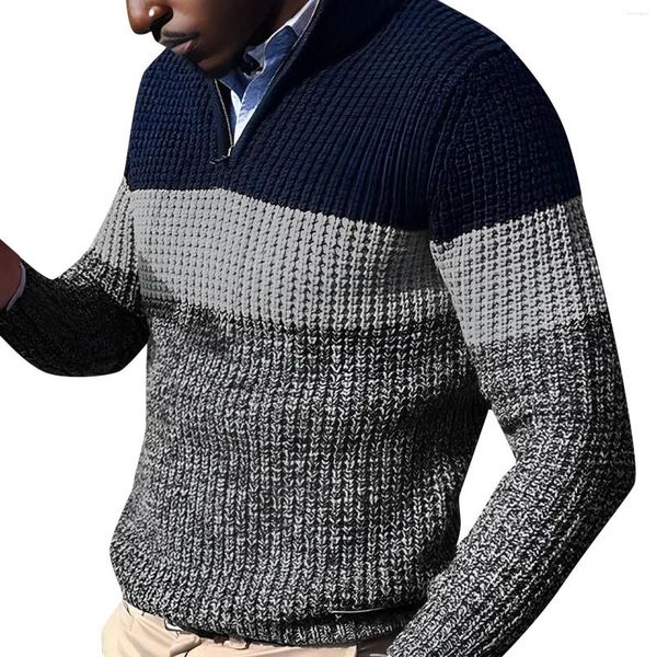 Suéter masculino com zíper e lapela, pulôver slim fit macio e grosso casual com isolamento inferior
