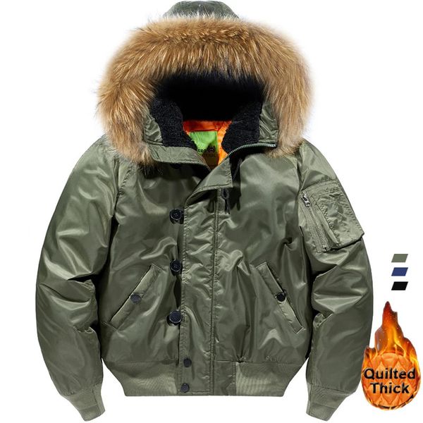 N2B Jaquetas de Vôo Homens Tático Inverno Parkas Pele Com Capuz Algodão Acolchoado Bomber Casaco US Força Aérea Militar Grosso Outerwear Térmico 240102