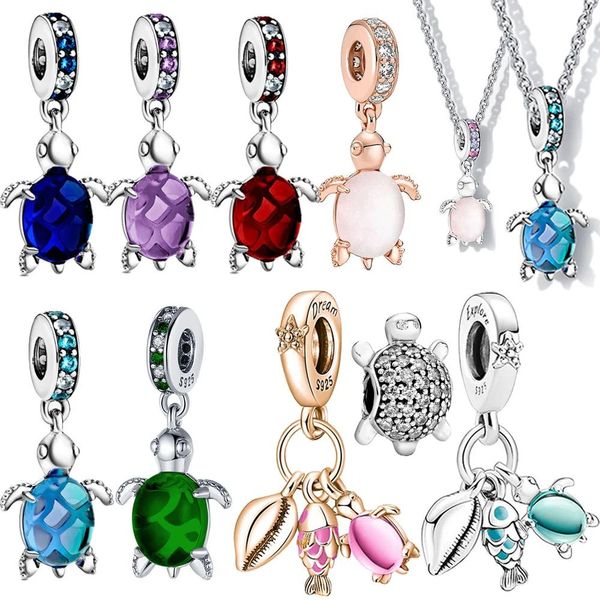 Schmuck, vergoldet, bunt, Accessoires, Schmuck, Damen-Charm aus Muranoglas, rosa und blau, Meeresschildkröte, baumelnd, passend für Markenarmband