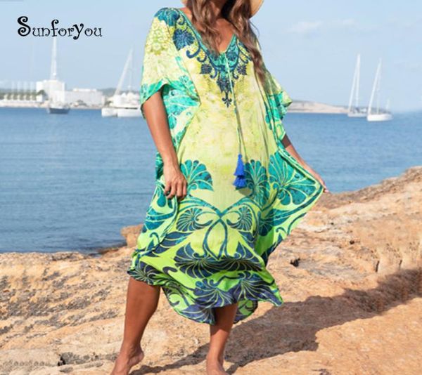 Abito lungo in cotone da spiaggia Robe de Plage Costumi da bagno Donna Copricostumi Tunica Pareo Copricostume da spiaggia Caftano Saida de Praia Beachwear1436167