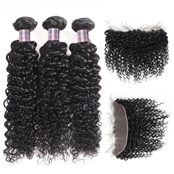 Tressen Ishow Großhandel Tressen Brasilianisches Reines Haar Extensions 3 PCS Mit Spitze Frontal Verschluss Verworrene Lockige Menschliches Haar Bundles für frauen Al