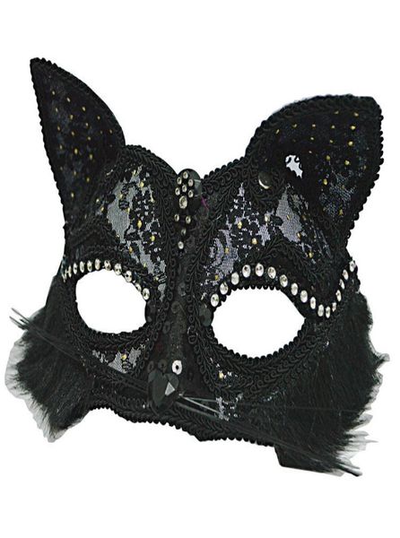 Venezianische Maskerade-Maske für Damen, sexy, schwarzer Glitzer, ausgefallene Katzen-Spitzen-Augenmaske, Halloween-Katzen-Spitzen-Augenmaske HJ1204374109