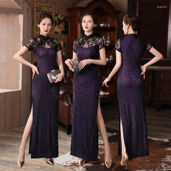 Roupas étnicas Melhorado Cheongsam Sexy Lace Flor Qipao Senhora Elegante Estilo Chinês Vestido Vestido Oversize 3Xl 4Xl5Xl Vestidos Ano Presente