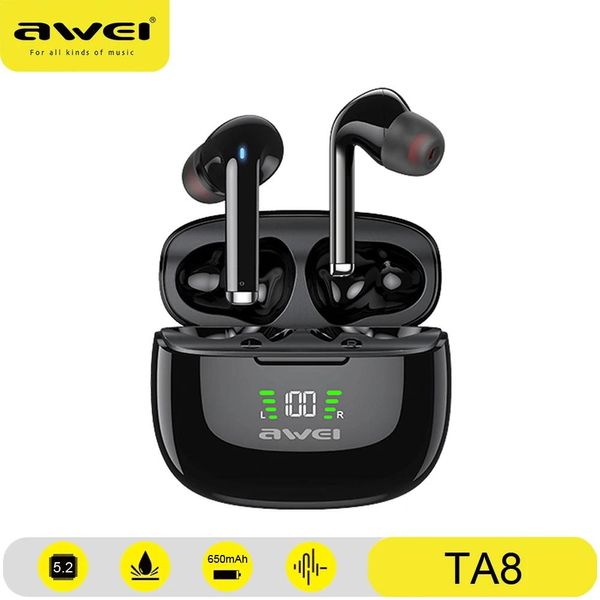 EARFONI AWEI Bluetooth 5.2 TA8 AN ANCE Rumore attivo Annullamento delle cuffie wireless TWS Auricolare HiFi con controllo impermeabile