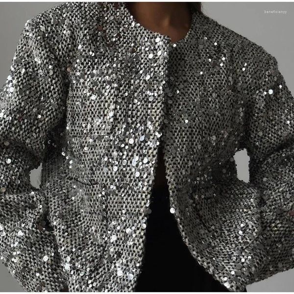 Giacche da donna Giacca corta shinny con paillettes argento per le donne Cappotto a maniche lunghe con scollo a O Colore argento 2024 Cappotti streetwear femminili chic autunno