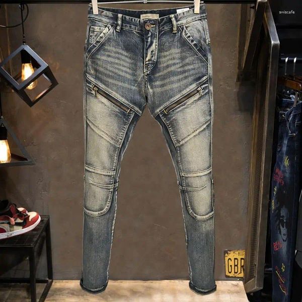 Jeans da uomo Moda europea e americana Lavaggio vintage Personalità Splice Decorazione con cerniera Pantaloni da moto elastici multi-bag