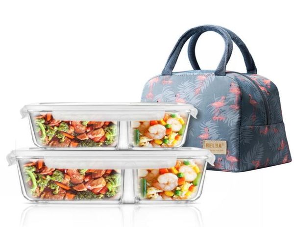 Contenitore per il pranzo in vetro per microonde con coperchio divisore Contenitori per alimenti in vetro per la preparazione dei pasti con 2 scomparti Contenitore per il pranzo C13522609