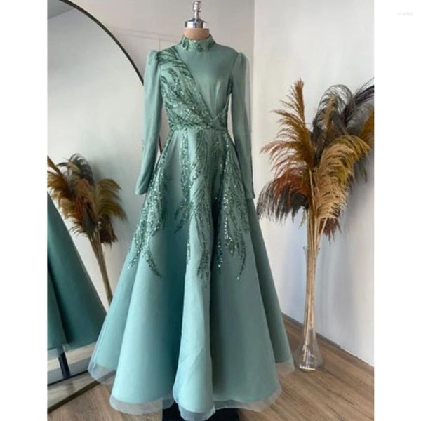 Abiti da festa islamici musulmani da sera maniche lunghe una linea menta raso abiti da cerimonia formale collo alto lunghezza pavimento arabo Dubai Prom Gown