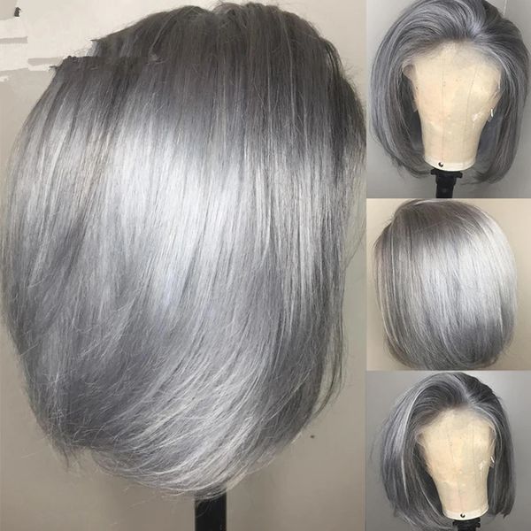 Parrucche Bob grigie Capelli umani 13x4 Parrucche anteriori in pizzo Capelli Remy brasiliani Lisci per le donne Attaccatura naturale pre-pizzicata 613 parrucche vergini vergini color grigio frontale corto Bob