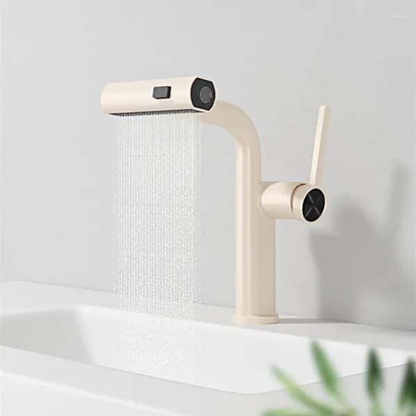 Rubinetti per lavandino del bagno Rubinetto per lavabo alla moda Ottone Estraibile Spruzzatore a getto Acqua fredda Beccuccio per rotazione Spazzola bianca Miscelatore dorato Rubinetto per lavaggio