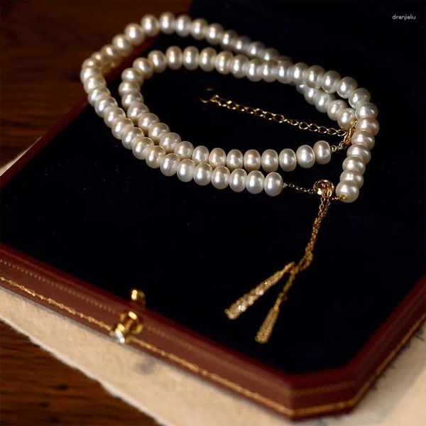 Anhänger Halsketten ALLME Charming Süßwasser Perlenstrang Für Frauen Weibliche 14 Karat Reales Gold Überzogene Messing CZ Zirkon Lange Quaste Halsreifen