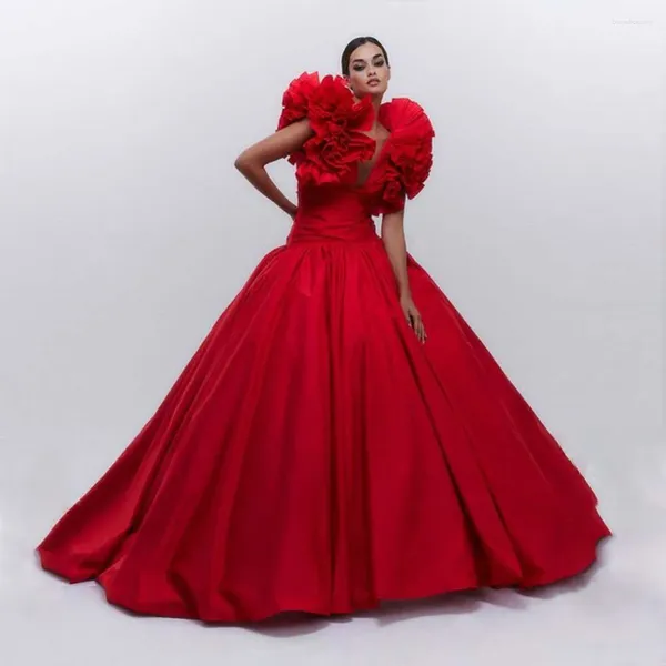 Бальные платья Красное бальное платье для выпускного вечера с рюшами и пышными рукавами Простое свадебное платье Poshoot с V-образным вырезом и корсетом Вечернее платье