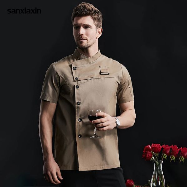 Jaqueta de cozinha uniforme de catering manga curta roupas de chef el garçonete restaurante workwear padaria sushi casaco fogão camisa 240102
