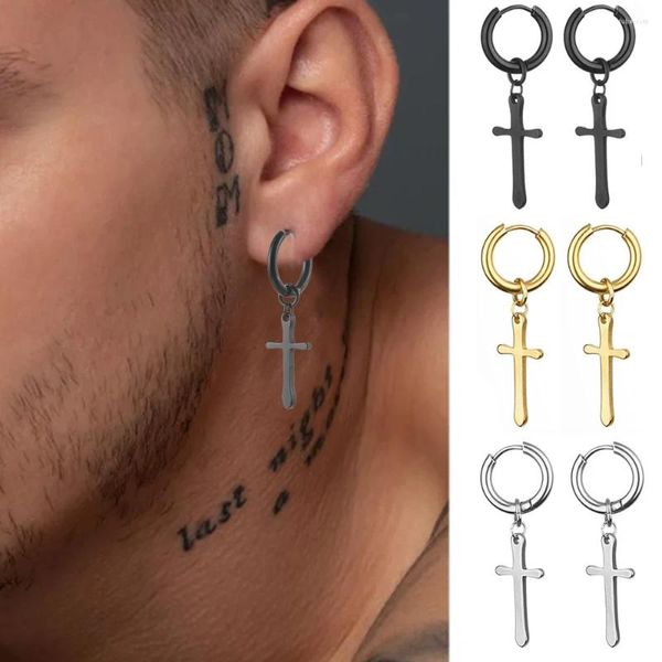 Ohrstecker, Edelstahl-Ohrring mit Kreuz-Charm, für Männer, Herren-Schmuck, Hoop-Tropfen, baumelnde Ohrstecker, Unisex, Punk