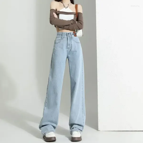 Damen-Jeans mit Taschen, hoher Taille, S, blaue Hose, gerades Bein, weibliche Denim-Hose, R, Vintage, Südkorea, Streetwear, glänzend