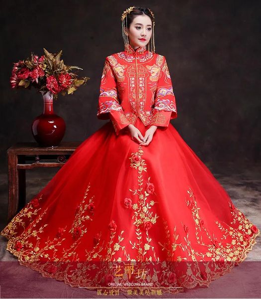 Roupas primavera tradicional mostrar vestido de noiva suzhou bordado manga longa estilo chinês casamento cheongsam vestido de noite vermelho dragão vintage