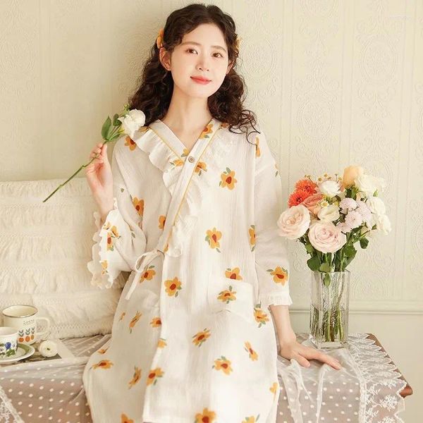 Damen-Nachtwäsche für Mädchen, japanischer Kimono-Stil, Nachthemd, Frühling, Sommer, lange Nachthemden, Baumwolle, dünn, süßer Zuhause-Bademantel, lässige Sleepshirts