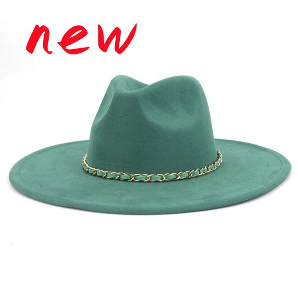 Fedora-Hut, gleichfarbige Kette, großer Rand, Herz-Top, 95 cm Saum, modischer Hut, Unisex, Wildleder, Jazz 240102