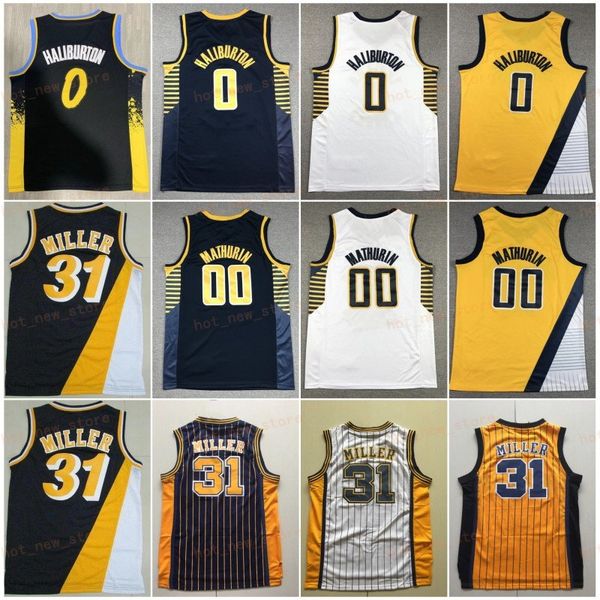 Genähtes City-Basketball-Trikot Tyrese Haliburton 0 Herren Bennedict Mathurin 00 Reggie Miller 31 Vintage Team Schwarz Marineblau Weiß Gelb