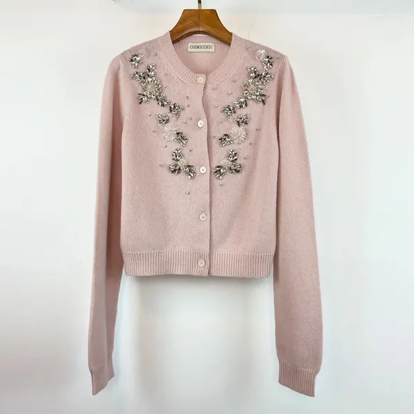 Damenstrick 2024 Frühfrühling Kaschmir Rosa Strickjacken Mode Rundhals Einreiher Perlen Diamant Pullover Frauen Langarm Kleidung