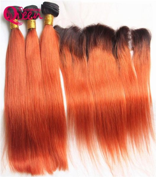 T1B 350 Straight Ombre Brasileiro Virgem Cabelo Humano Tece 3 Pacotes Com 13x4 Orelha a Orelha Fechamento Frontal Com Cabelo Do Bebê Bleac7158612