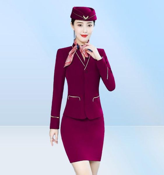 Vestido de duas peças primavera outono roxo blazer conjunto com saia ternos de gelo para mulheres aeromoça uniforme roupa de trabalho elegante 22881012