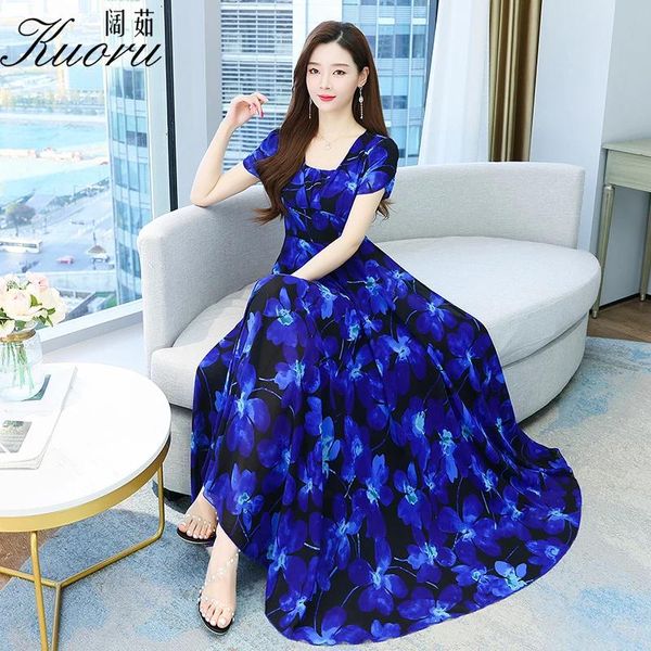 Платье платье Женщины лето 2022 г. Винтажный шифоновый vneck blue vestido floral boho vesti donna eleganti с коротким рукавом vestidos argos