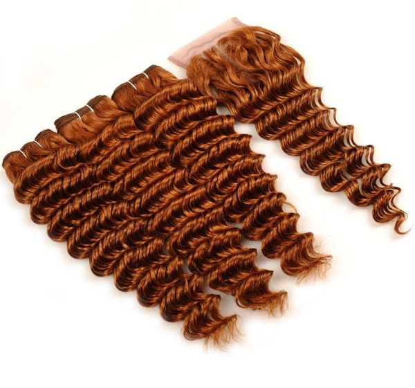 Перуанские девственные человеческие волосы плетут глубокие волнистые пучки вьющихся волос с кружевной застежкой 30 каштановых девственных волос с 4X4 верхним закрытием9045393