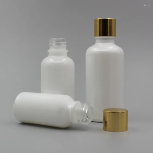 Garrafas de armazenamento garrafa de óleo cosmético 50 ml de vidro branco essencial com tampa de ouro/prata/ouro fosco