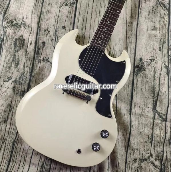 Özel Junior Polaris Beyaz Elektro Gitar Çift Çift Çift Çizgi Beyaz Tuner Siyah P90 Pikap Köpek Kulak Siyah Pickguard Nokta Kakma Sarma Araba Kuyruk Parçası