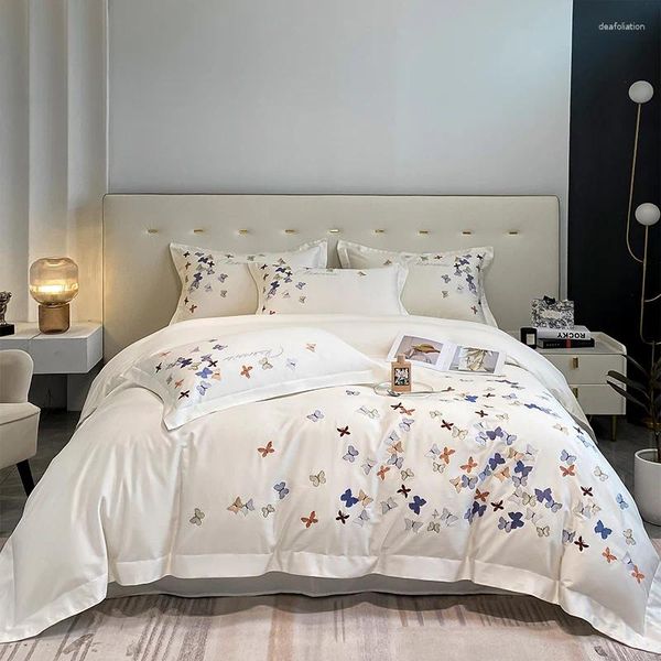 Conjuntos de cama Branco Borboletas Coloridas Bordado Conjunto de Algodão Duveta Capa Linho Folha Fronhas Home Têxteis