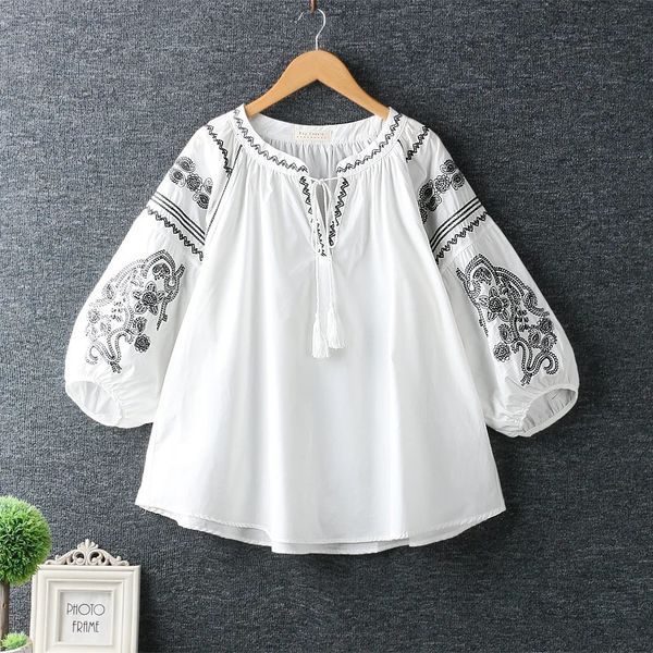 Frauen Sommer Ethnische Vintage Mexiko Boho Stil ONeck Laterne Hülse Lose Stickerei Spitze Up Bluse Shirt Tops Feminina 240102