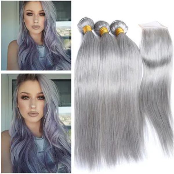 Trame Estensioni di capelli umani vergini colorati grigio malese con chiusura 3 bundle Trame di capelli lisci grigio argento con pizzo 4x4 Fro