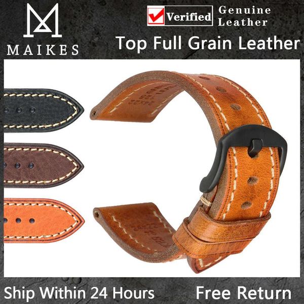 Acessórios Maikes Handmade Genuine Leather Watch Band 20mm 22mm 24mm Black Buckle Cowhide Watchband para Tudor Longines Watch Strap H0915