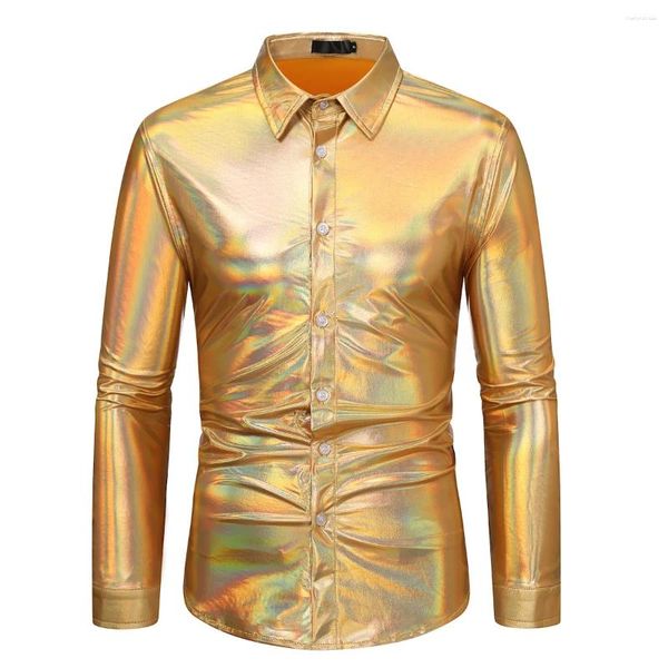 Camicie casual da uomo Camicia glitter metallizzata Uomo Disco Dance Costume da festa di Halloween Chemise Homme Stage Prom Uomo lucido